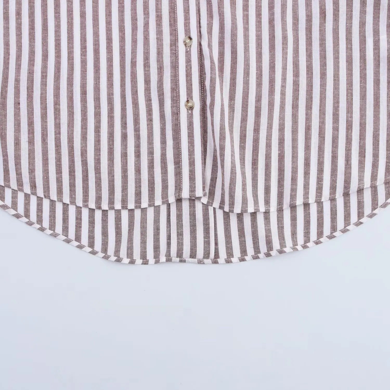 T-line Summer Women's Curled Wide Sleeves Linen Blended Striped Asymmetric Casual Shirt Versatile Collar Linen Blended Printed Shirt