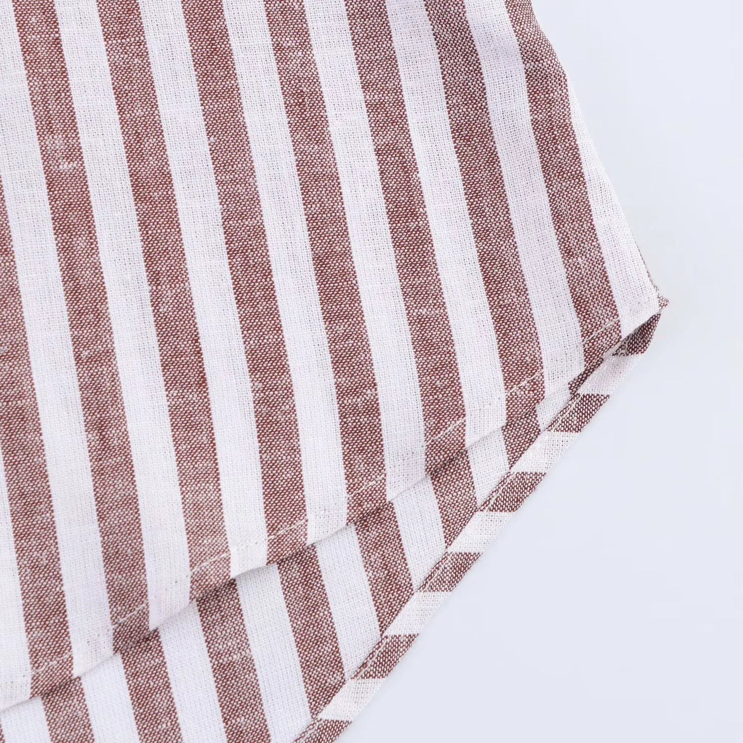 T-line Summer Women's Curled Wide Sleeves Linen Blended Striped Asymmetric Casual Shirt Versatile Collar Linen Blended Printed Shirt