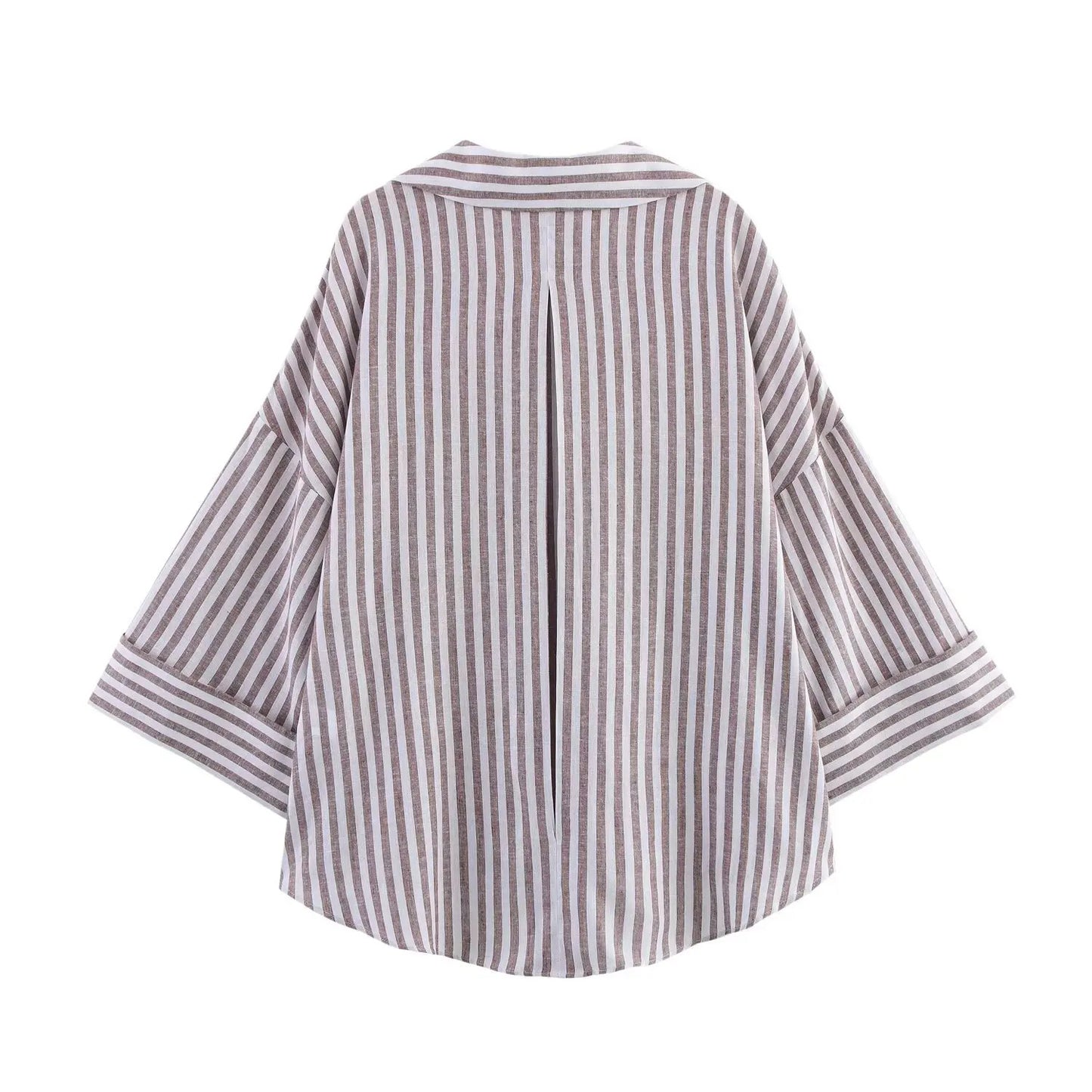 T-line Summer Women's Curled Wide Sleeves Linen Blended Striped Asymmetric Casual Shirt Versatile Collar Linen Blended Printed Shirt