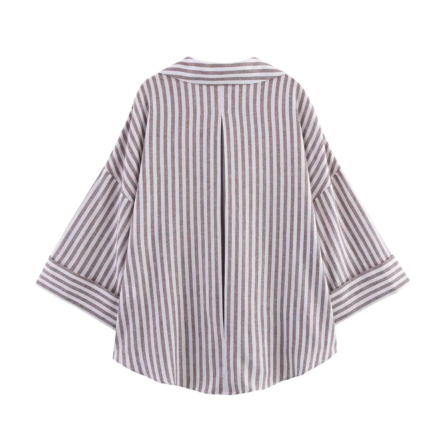 T-line Summer Women's Curled Wide Sleeves Linen Blended Striped Asymmetric Casual Shirt Versatile Collar Linen Blended Printed Shirt