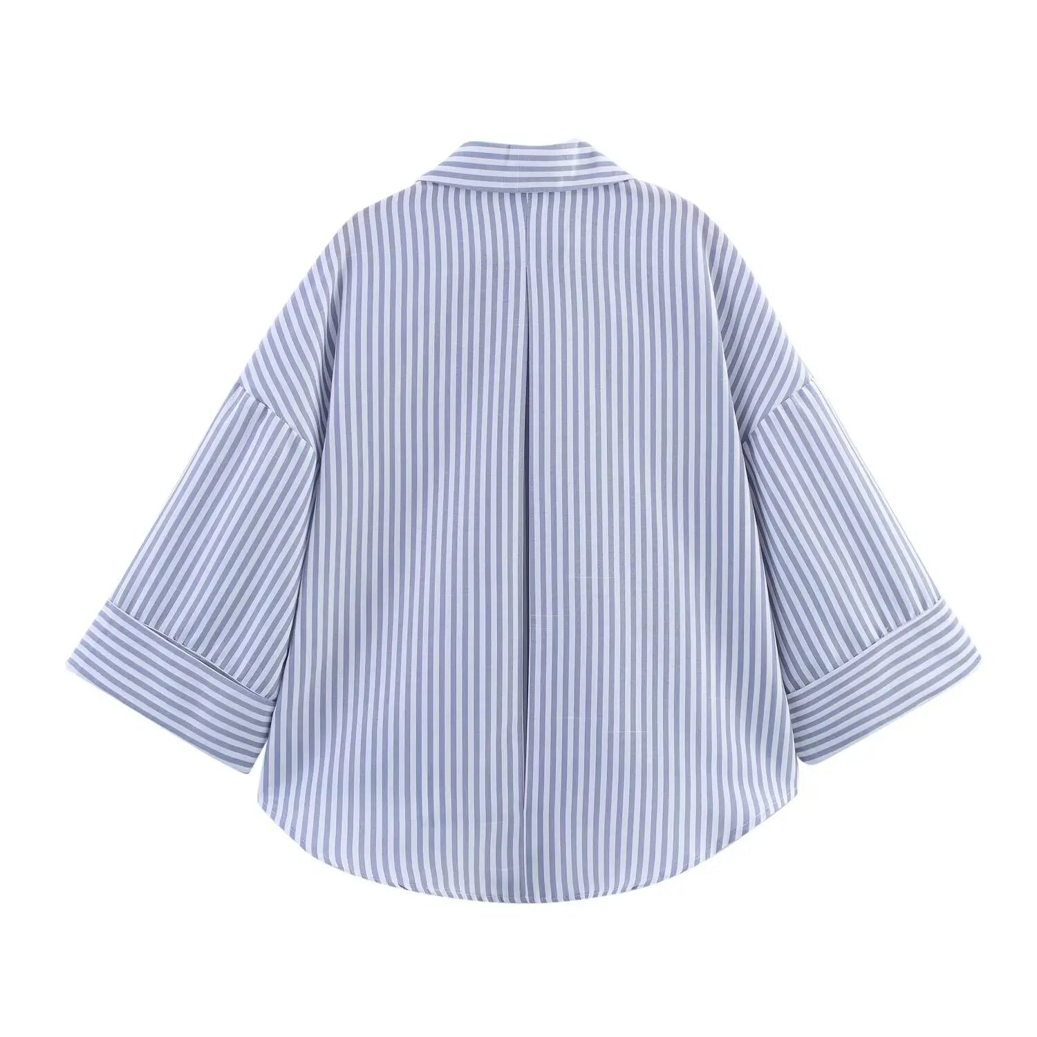 T-line Summer Women's Curled Wide Sleeves Linen Blended Striped Asymmetric Casual Shirt Versatile Collar Linen Blended Printed Shirt