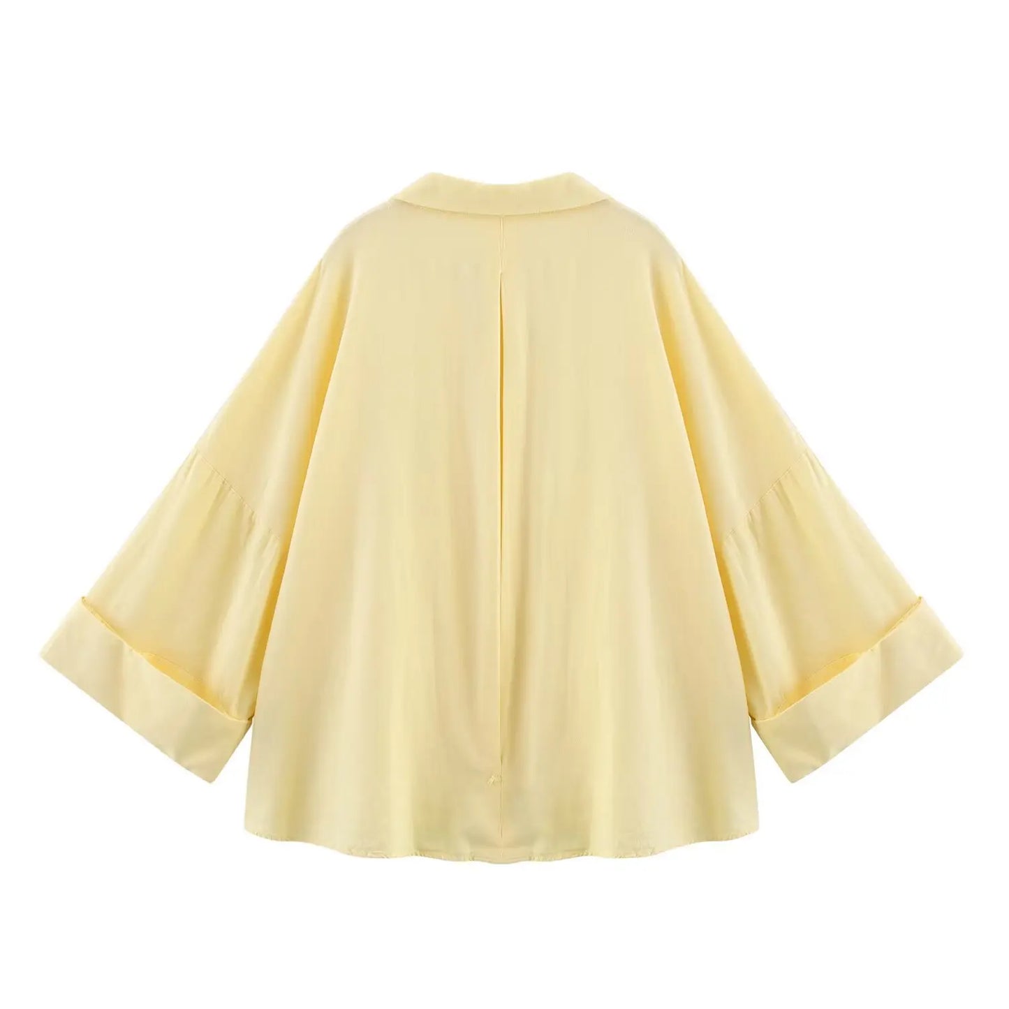 T-line Summer Women's Curled Wide Sleeves Linen Blended Striped Asymmetric Casual Shirt Versatile Collar Linen Blended Printed Shirt