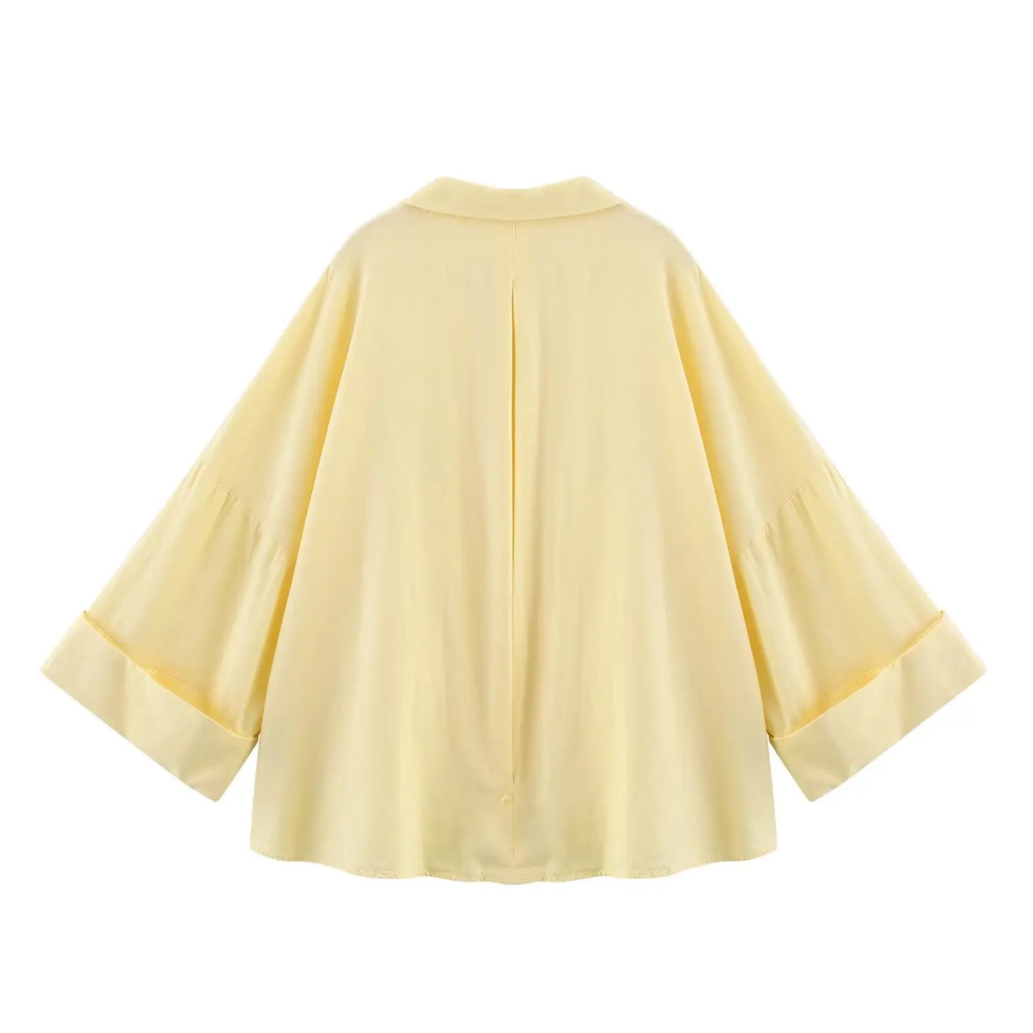 T-line Summer Women's Curled Wide Sleeves Linen Blended Striped Asymmetric Casual Shirt Versatile Collar Linen Blended Printed Shirt