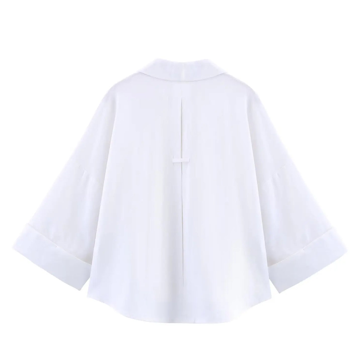 T-line Summer Women's Curled Wide Sleeves Linen Blended Striped Asymmetric Casual Shirt Versatile Collar Linen Blended Printed Shirt