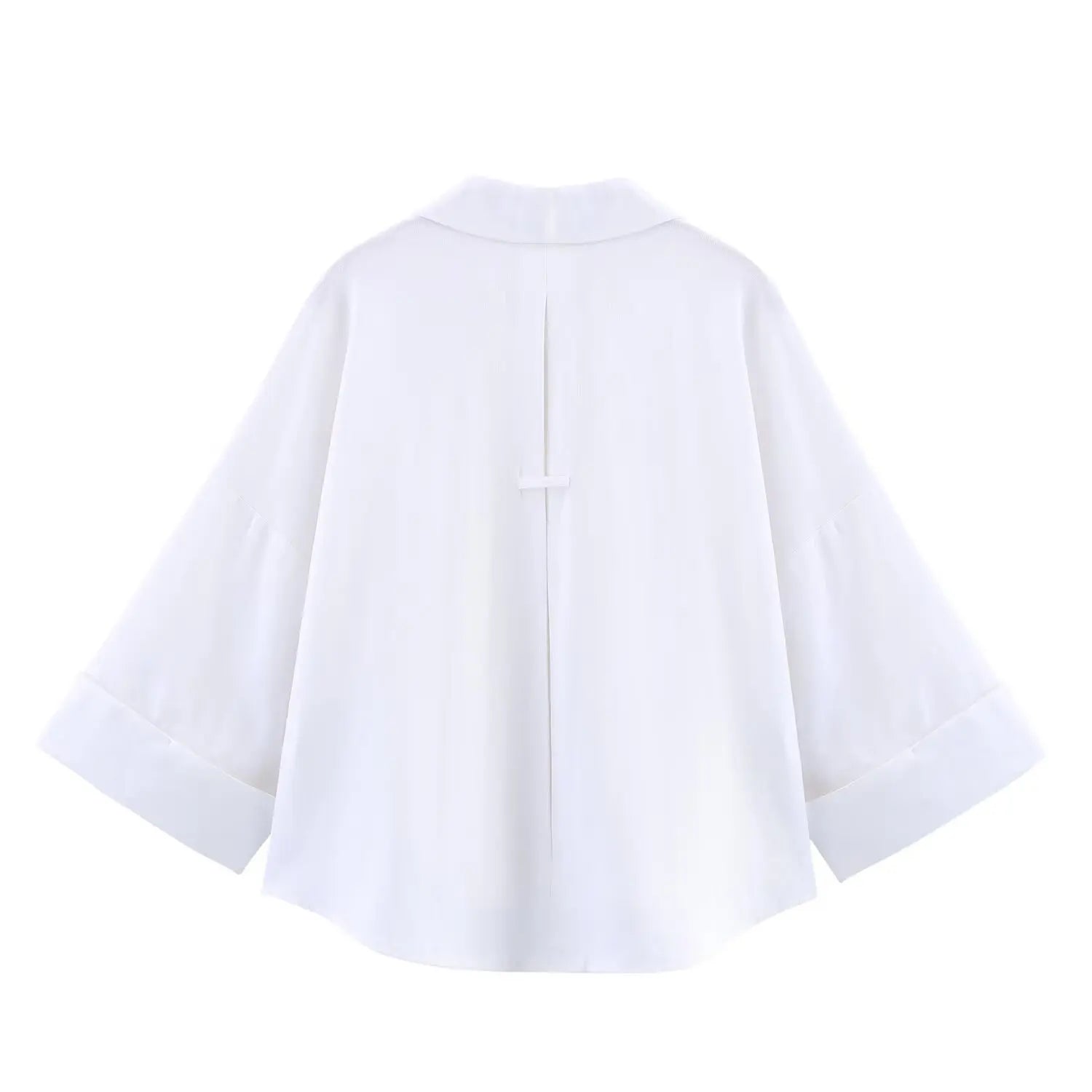 T-line Summer Women's Curled Wide Sleeves Linen Blended Striped Asymmetric Casual Shirt Versatile Collar Linen Blended Printed Shirt