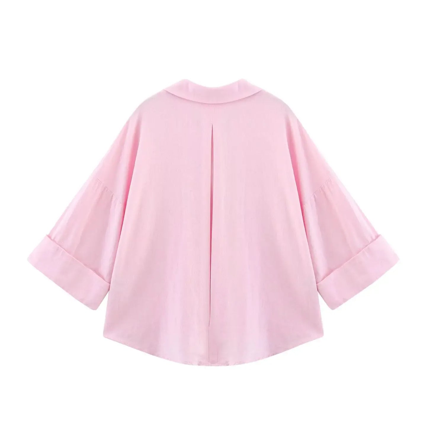 T-line Summer Women's Curled Wide Sleeves Linen Blended Striped Asymmetric Casual Shirt Versatile Collar Linen Blended Printed Shirt