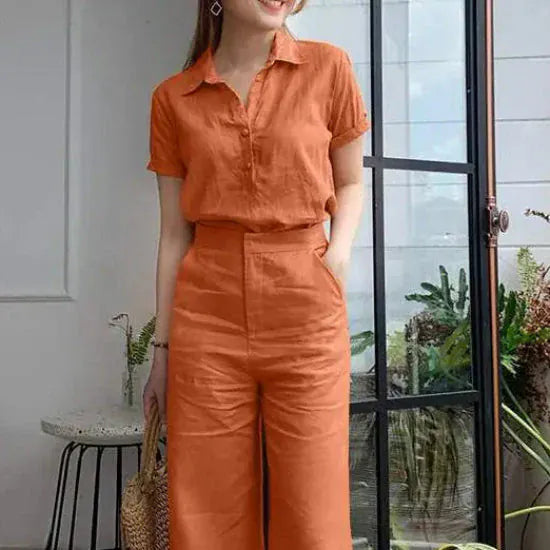 T-line Summer Women  Short Sleeve Shirt, Loose Wide Leg Pants,  Suit, set (2 weeks delivery)