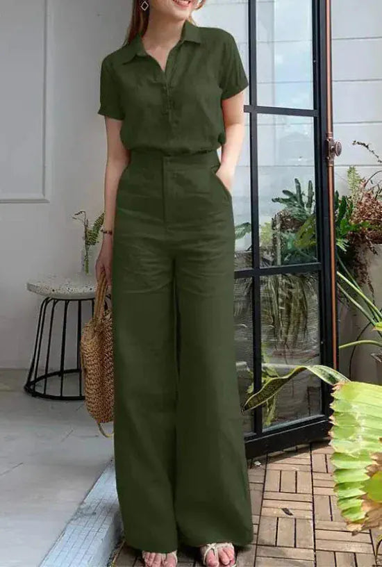 T-line Summer Women  Short Sleeve Shirt, Loose Wide Leg Pants,  Suit, set (2 weeks delivery)