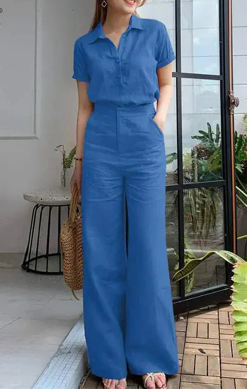 T-line Summer Women  Short Sleeve Shirt, Loose Wide Leg Pants,  Suit, set (2 weeks delivery)