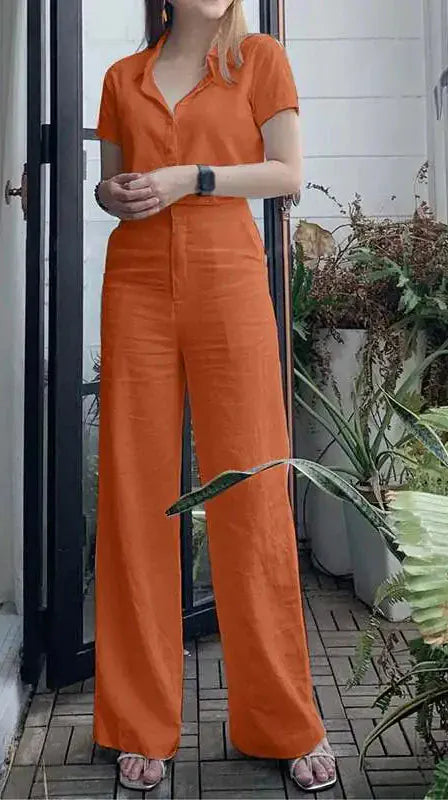 T-line Summer Women  Short Sleeve Shirt, Loose Wide Leg Pants,  Suit, set (2 weeks delivery)