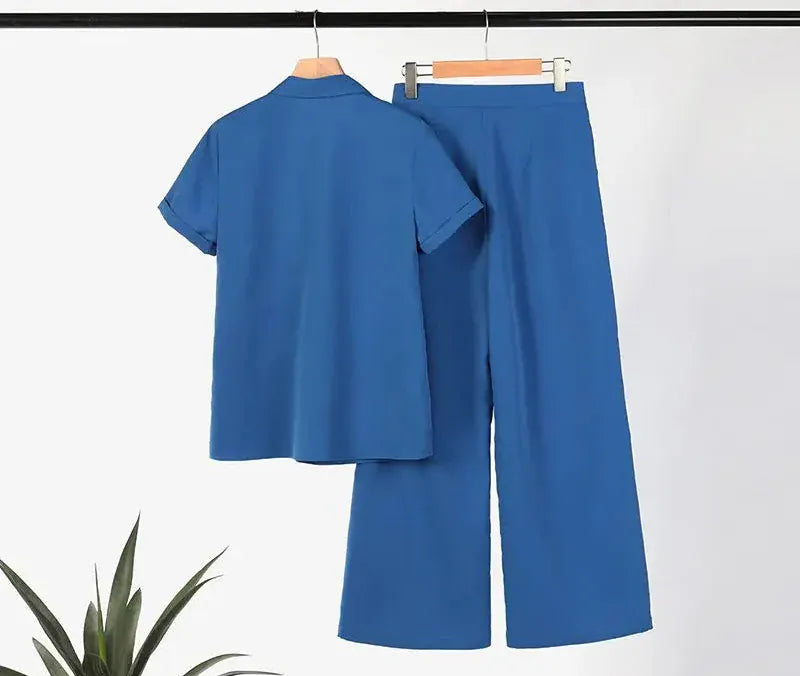 T-line Summer Women  Short Sleeve Shirt, Loose Wide Leg Pants,  Suit, set (2 weeks delivery)