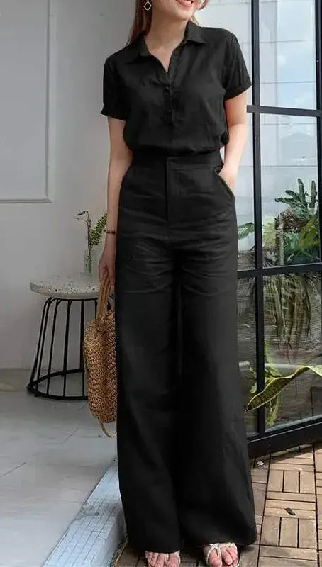 T-line Summer Women  Short Sleeve Shirt, Loose Wide Leg Pants,  Suit, set (2 weeks delivery)