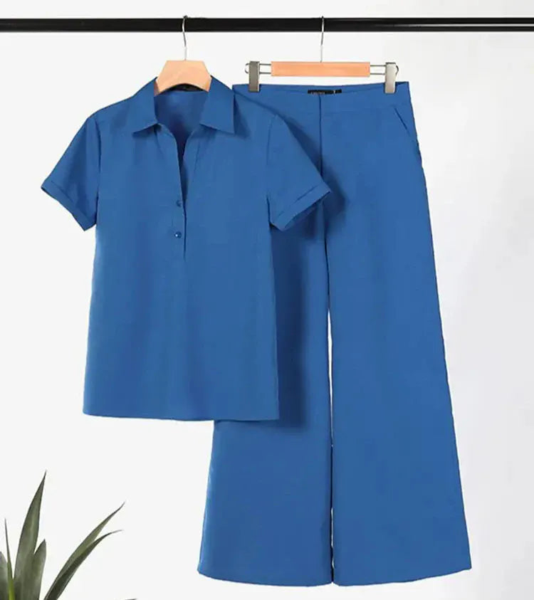 T-line Summer Women  Short Sleeve Shirt, Loose Wide Leg Pants,  Suit, set (2 weeks delivery)
