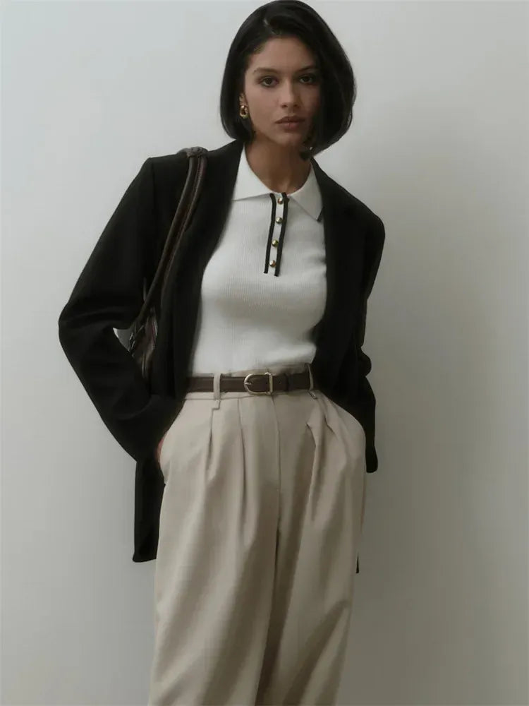 T-line Talenza Women's Knitted Pullover Fashion Short Sleeve Patchwork Sweater Top Elegant Slim Contrast Lapel Knitted Pullover Top