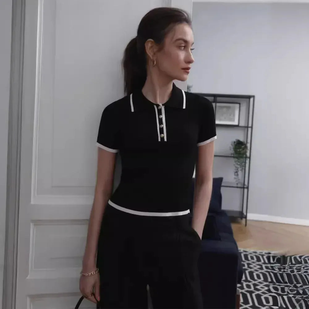 T-line Talenza Women's Knitted Pullover Fashion Short Sleeve Patchwork Sweater Top Elegant Slim Contrast Lapel Knitted Pullover Top