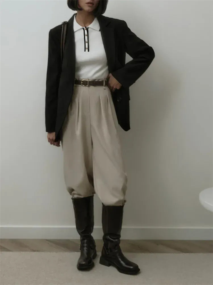 T-line Talenza Women's Knitted Pullover Fashion Short Sleeve Patchwork Sweater Top Elegant Slim Contrast Lapel Knitted Pullover Top