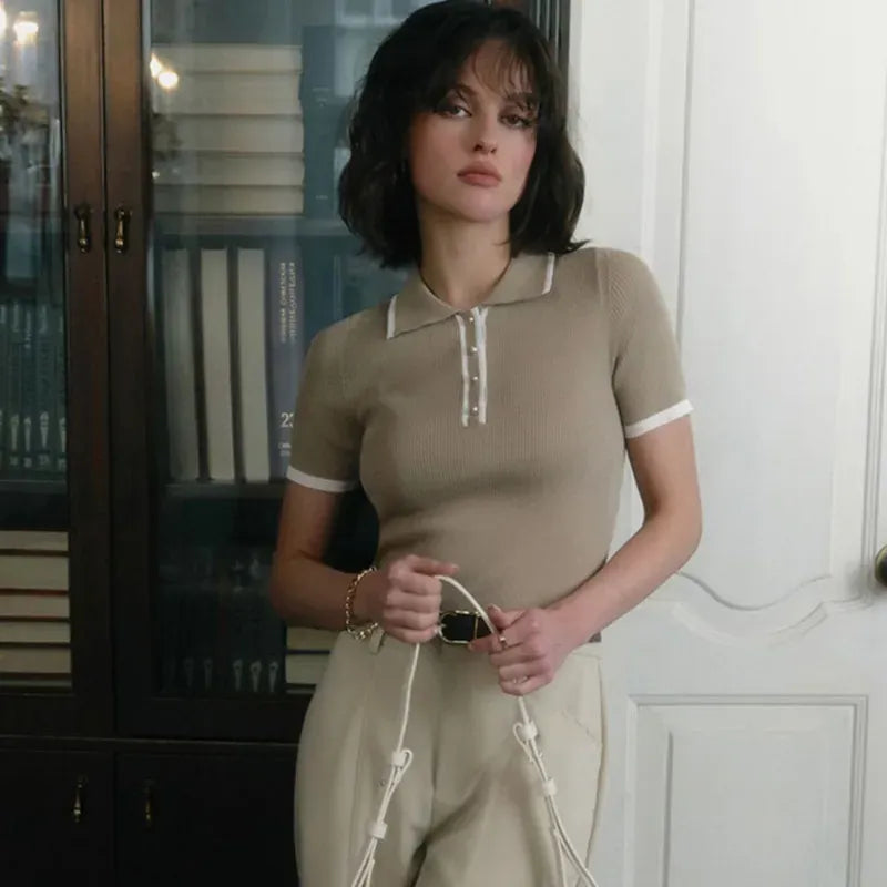 T-line Talenza Women's Knitted Pullover Fashion Short Sleeve Patchwork Sweater Top Elegant Slim Contrast Lapel Knitted Pullover Top