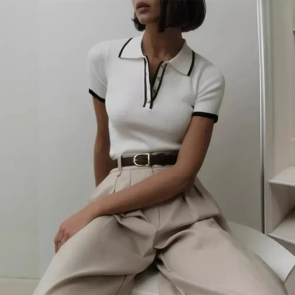 T-line Talenza Women's Knitted Pullover Fashion Short Sleeve Patchwork Sweater Top Elegant Slim Contrast Lapel Knitted Pullover Top