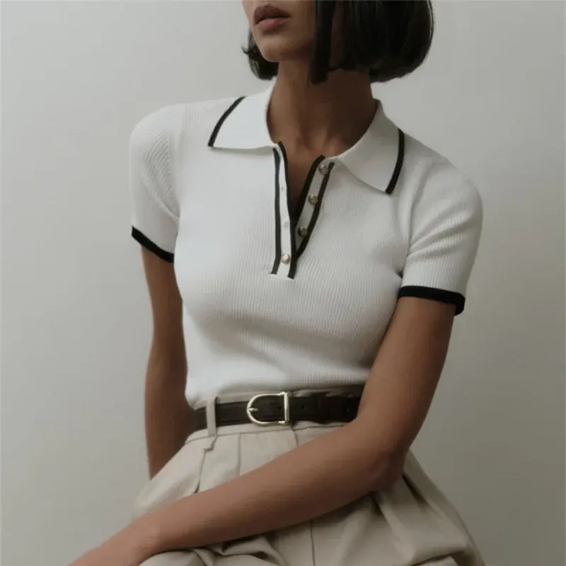 T-line Talenza Women's Knitted Pullover Fashion Short Sleeve Patchwork Sweater Top Elegant Slim Contrast Lapel Knitted Pullover Top