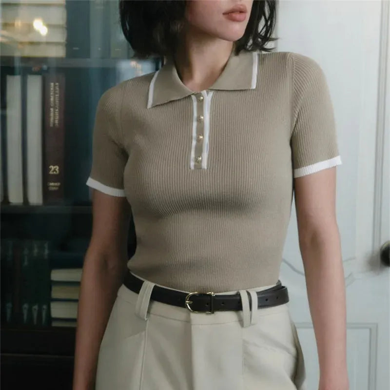 T-line Talenza Women's Knitted Pullover Fashion Short Sleeve Patchwork Sweater Top Elegant Slim Contrast Lapel Knitted Pullover Top