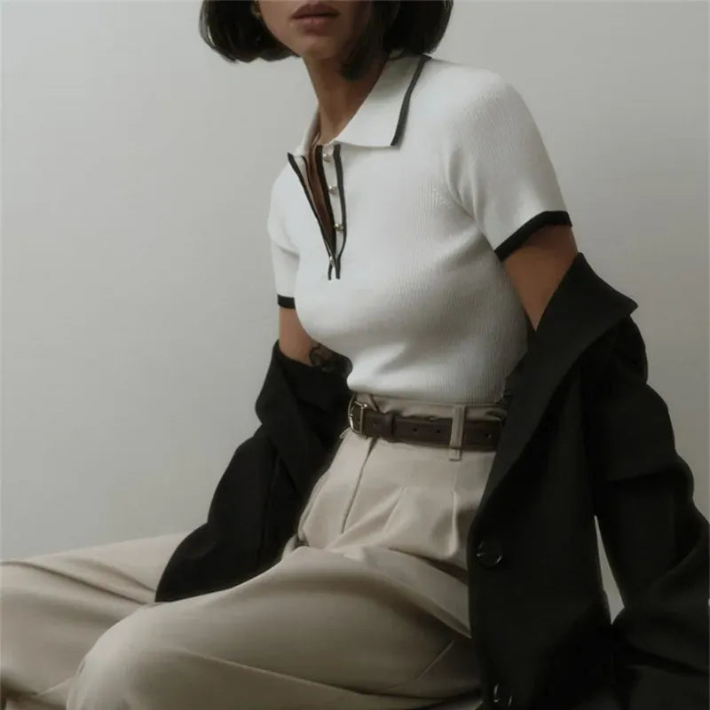 T-line Talenza Women's Knitted Pullover Fashion Short Sleeve Patchwork Sweater Top Elegant Slim Contrast Lapel Knitted Pullover Top