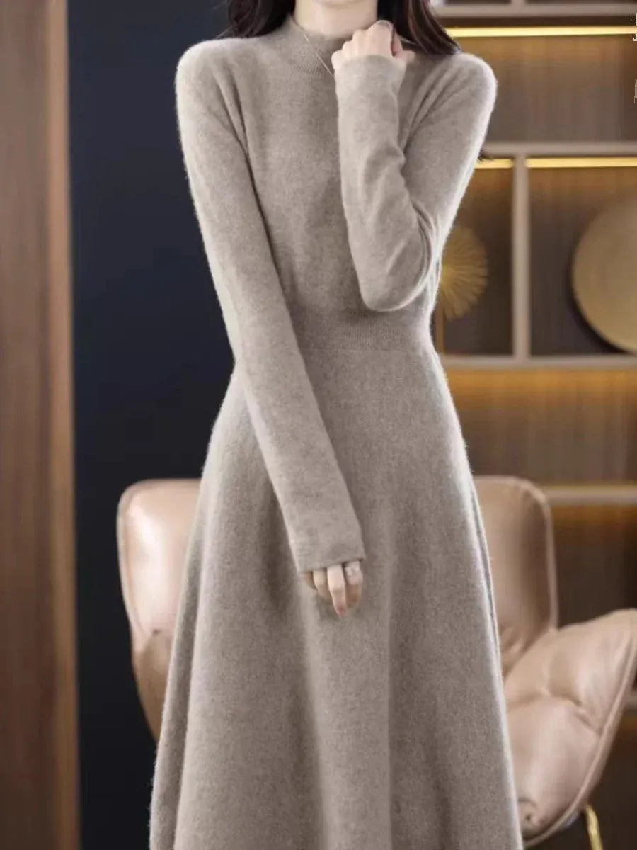 T-line Thickened Slim Fit Dress, Mid-Length,  Sweater , Women, Wool, Autumn / Winter , Full Sleeve  (2 weeks delivery)