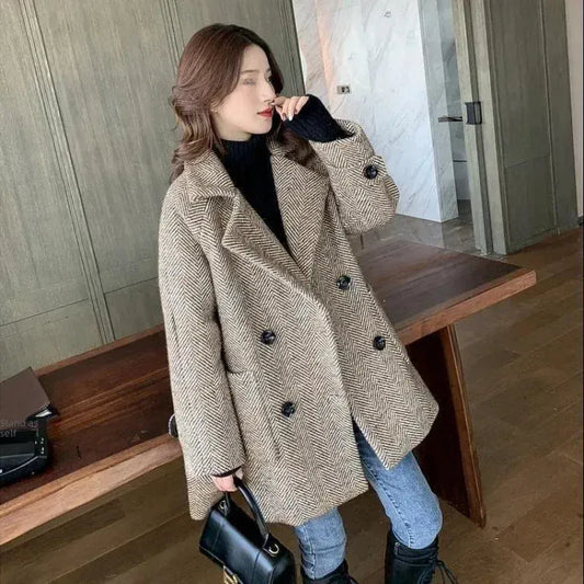 T-line Thickened Woolen Women Coat,  Petite Size Medium-length Double-breasted  Overcoat (2 weeks delivery)