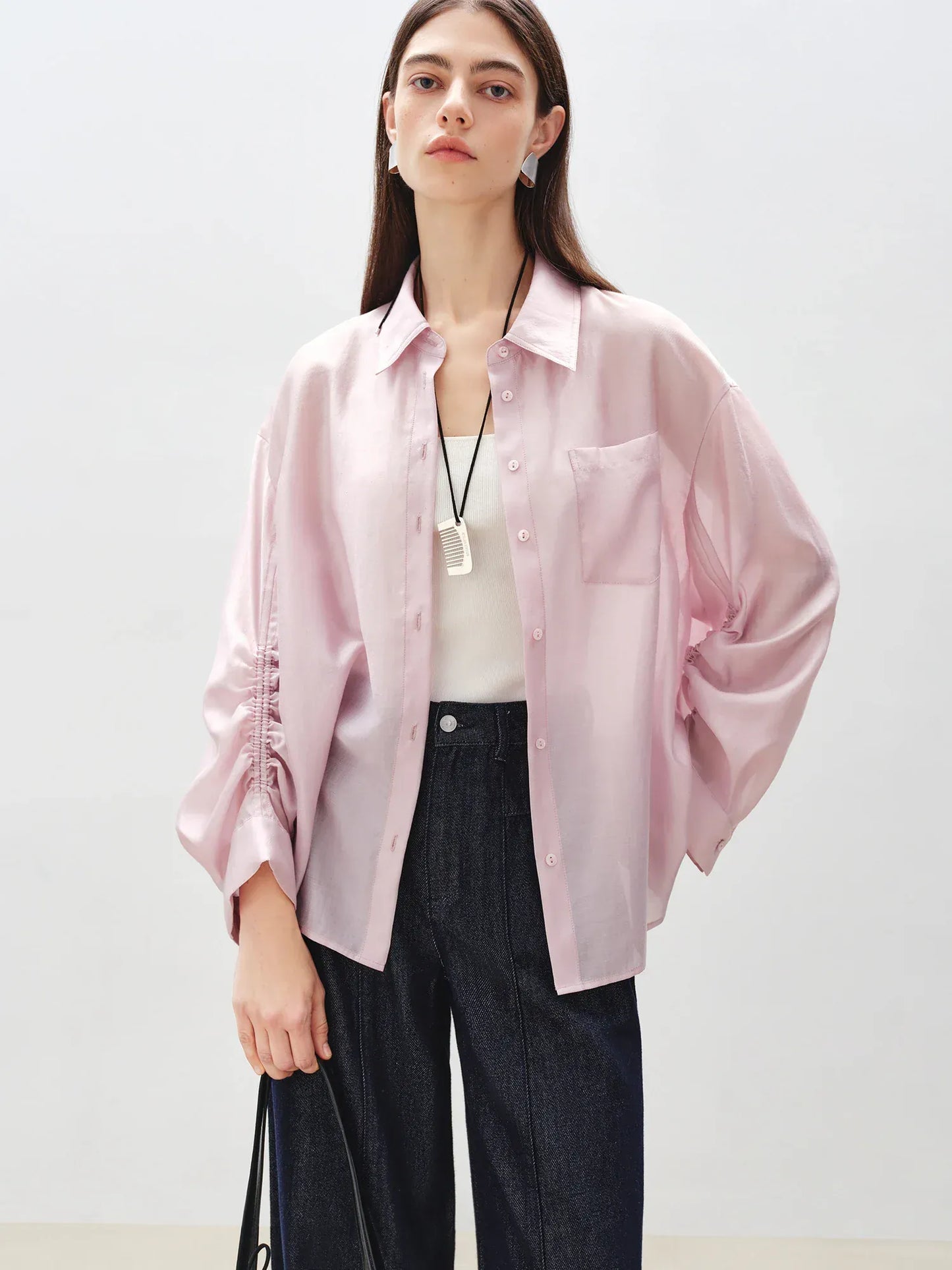 T-line Thin Shirt For Female, Glossy Top, pink and white Blouse, (2 weeks delivery)