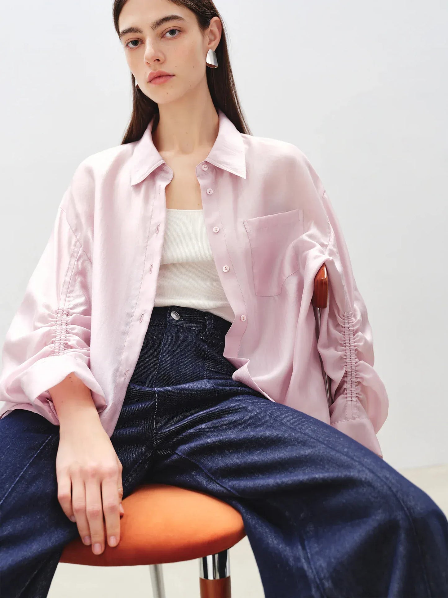 T-line Thin Shirt For Female, Glossy Top, pink and white Blouse, (2 weeks delivery)