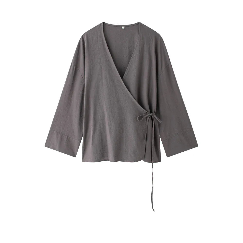 T-line Top Gray / XS Women Kimono Blouses And High  Waist Side Pockets Pants , Two Piece Sets, suit  (2 weeks delivery)
