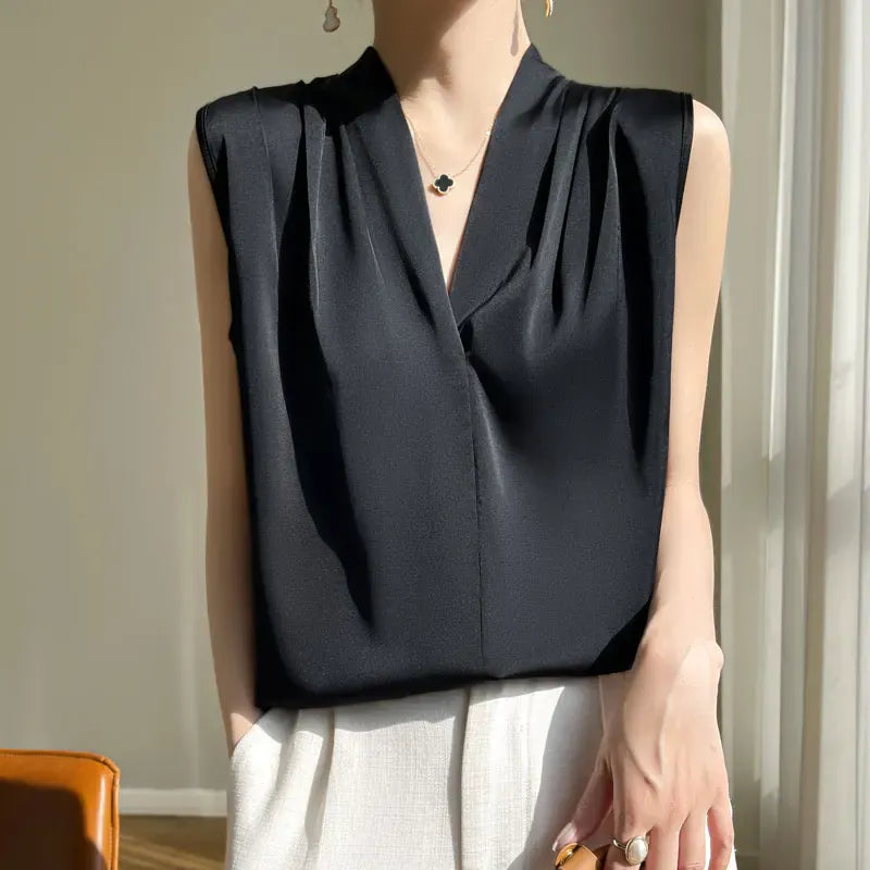 T-line Tops, Blouses, Solid Color,  Satin, shirt, Sleeveless female Shirts,  (2 weeks delivery)