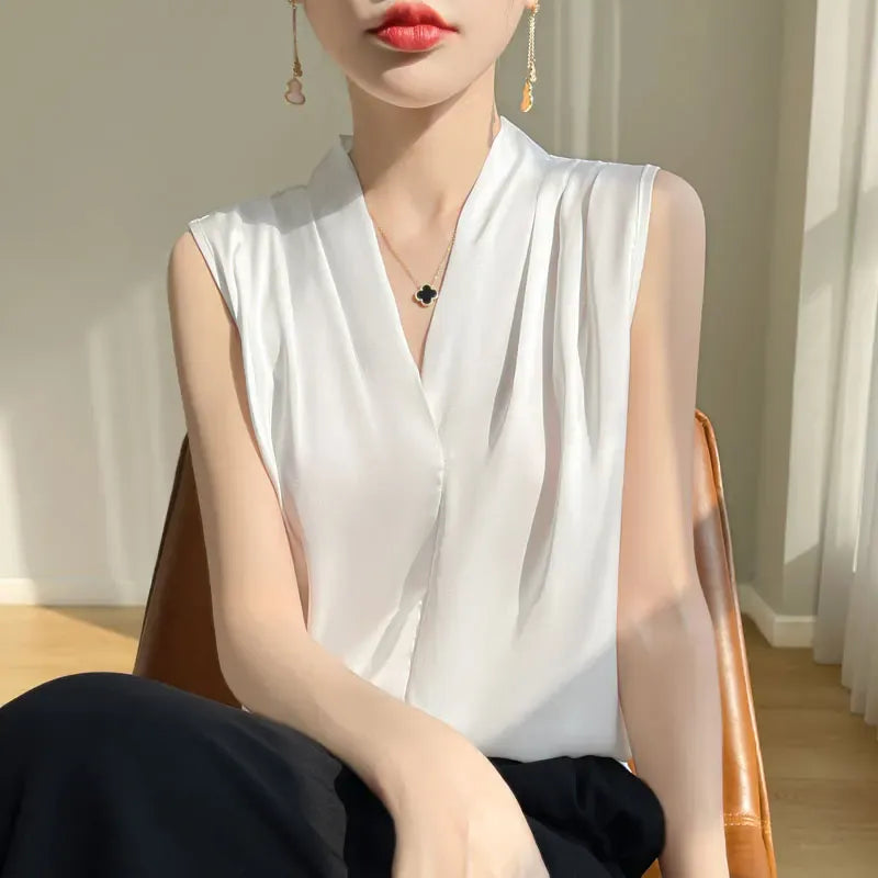 T-line Tops, Blouses, Solid Color,  Satin, shirt, Sleeveless female Shirts,  (2 weeks delivery)