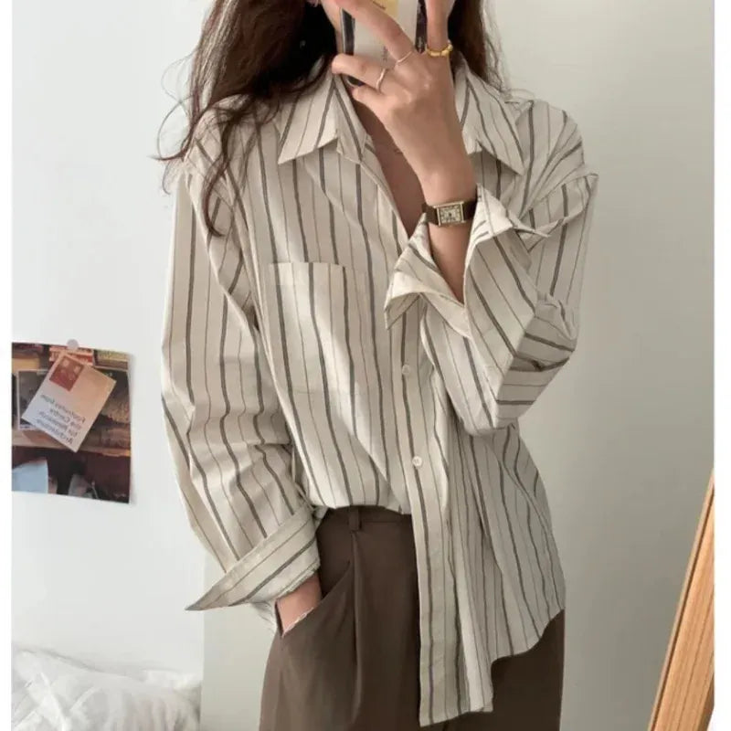 T-line vertical striped shirt, long sleeve,  loose, blouse  (2 weeks delivery)