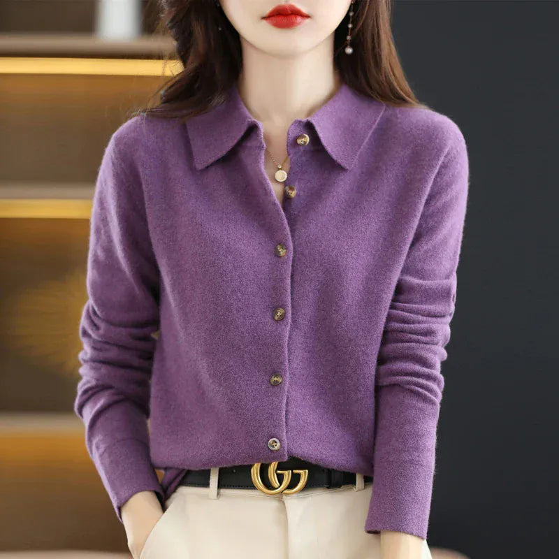 T-line Violet / S 100% Merino Wool Cardigan, Women's POLO Neck,  Knit Sweater,  Spring / Autumn / winter, Soft Cashmere pullover (2 weeks delivery)