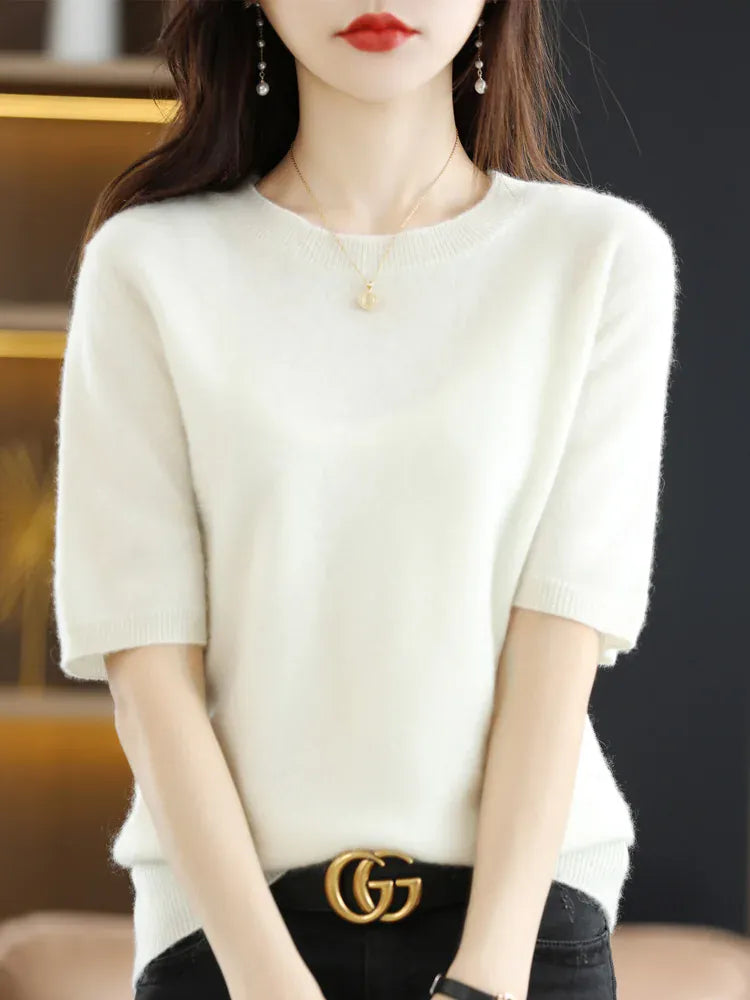 T-line White / M / CHINA Short-sleeved Knitwear Women O-neck T-shirt,  Wool, Cotton Pullover, Sweater, Solid, Soft (2 weeks delivery)