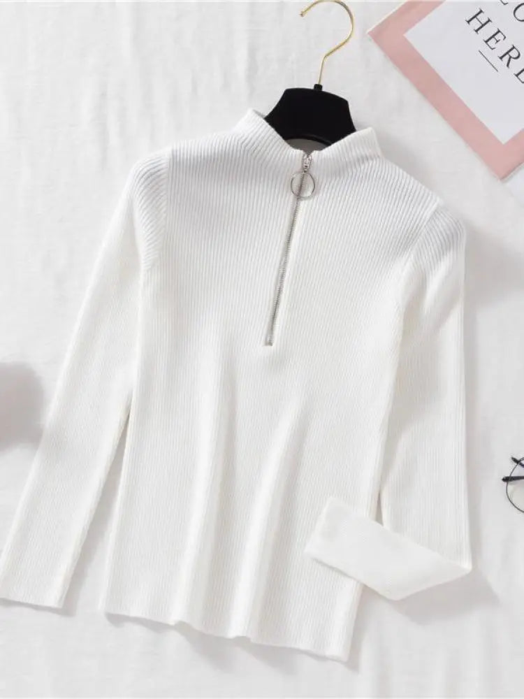 T-line White / One Size Women Knitted Sweaters,  Long Sleeve , Zip-up,  Basic Female Pullovers  (2 weeks delivery)