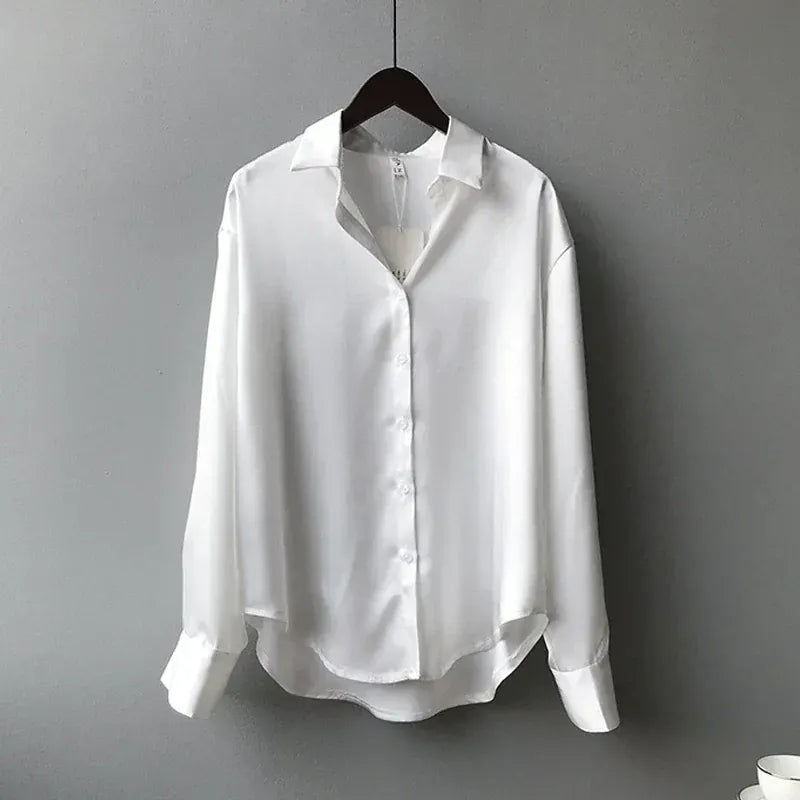T-line White / S Casual, Button, Silk, Tops,  Satin, Loose, Women Shirt,  Blouse (2 weeks delivery)