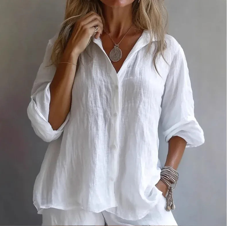 T-line White / S Long Sleeve, Pure Color, Women Cotton, Linen, Button, blouse (2 weeks delivery)