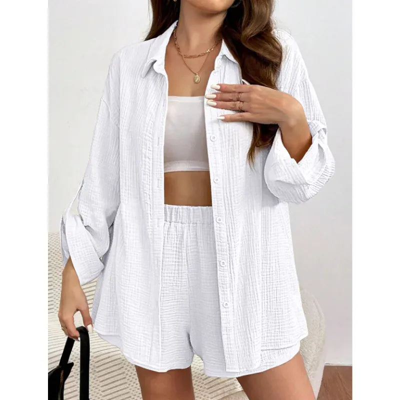 T-line White / S Loose Short Pants Sets For Women, Women's Two Pieces Suit, shirt (2 weeks delivery)