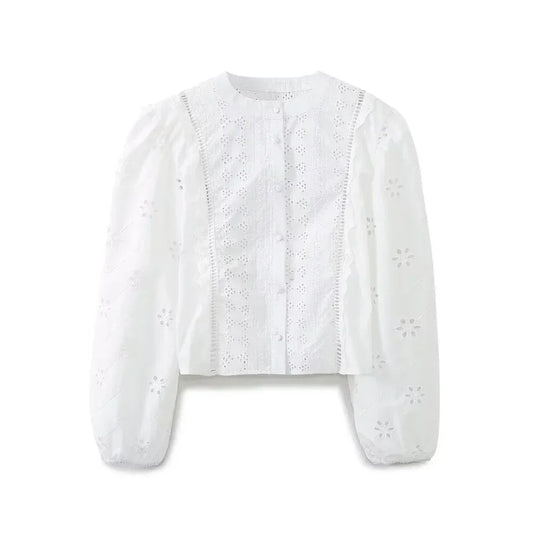 T-line WHITE / S Summer New Women's Wear Design Sense Single breasted Round Neck Lantern Sleeve Hollow Embroidered Shirt