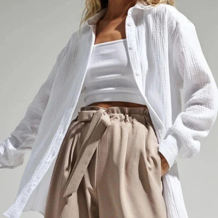 T-line White / S Women's 100% Cotton Shirts, Solid color,  Long Sleeve, Loose Top,s Crepe Shirts, blouse (2 weeks delivery)