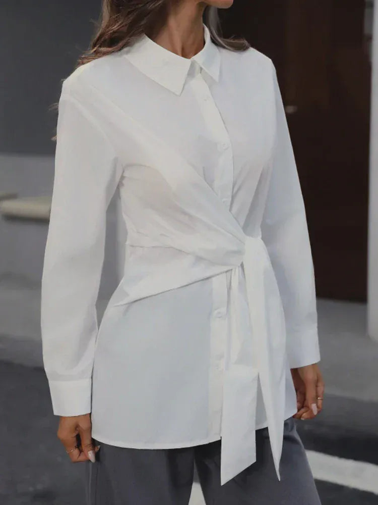 T-line White / S Women's  Collar Button-Up, Long Sleeve, Shirt with Waist-Cinching, (2 weeks delivery)