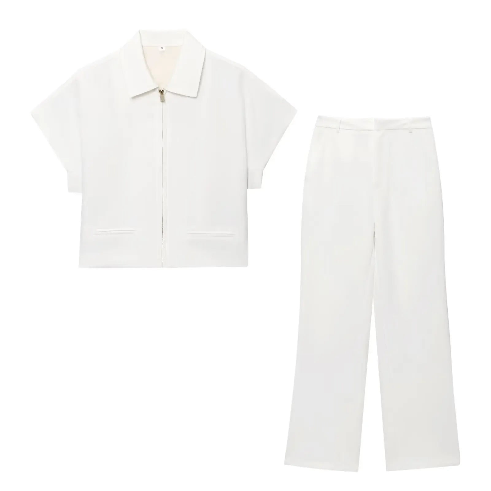 T-line White set / M Set For Women  Zipper Short Sleeve Coat Top , Wide Leg Pants Two Piece suit (5 - 10  work days free delivery)
