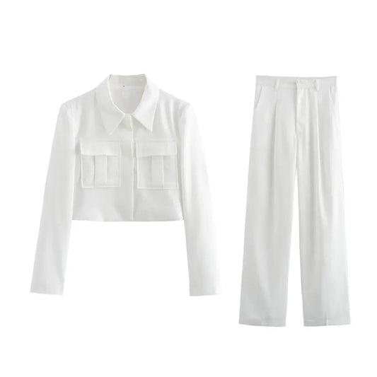 T-line White Set / S Casual Short Blazer, Suit , Women, Pockets,  Jacket with Pants,   Blazer Suit (we recommend a larger size)(2 weeks delivery)