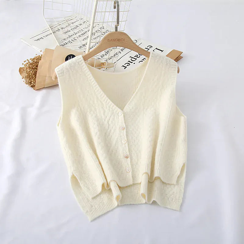 T-line White Spring Autumn Trendy Vest Women,  V-Neck Wide-Shoulder Sleeveless Knitted Wool(2 weeks delivery)