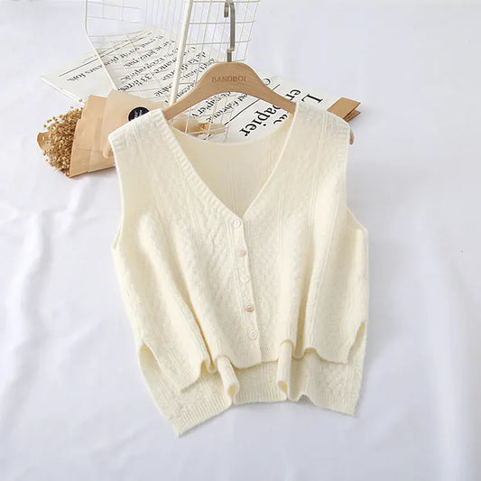 T-line White Spring Autumn Trendy Vest Women,  V-Neck Wide-Shoulder Sleeveless Knitted Wool(2 weeks delivery)