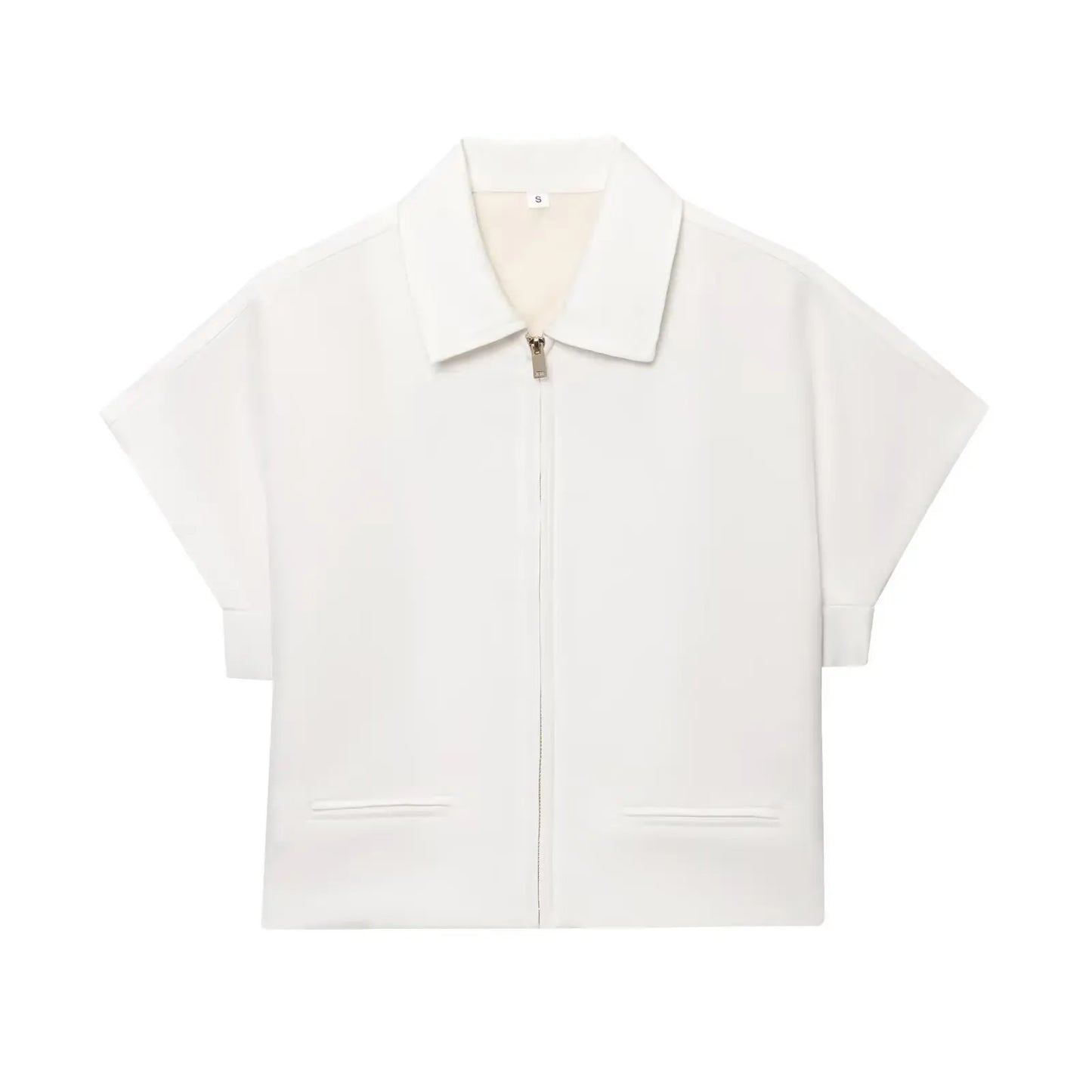 T-line WhiteTop / M Set For Women  Zipper Short Sleeve Coat Top , Wide Leg Pants Two Piece suit (5 - 10  work days free delivery)