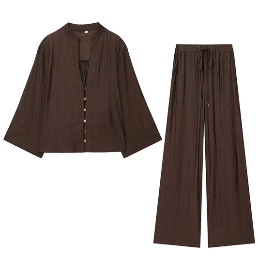 T-line Wide Leg Pants, Long Sleeve V neck Shirt,  wide pant, Sets For Women,  2 Pieces suit  Woman  (2 weeks delivery)