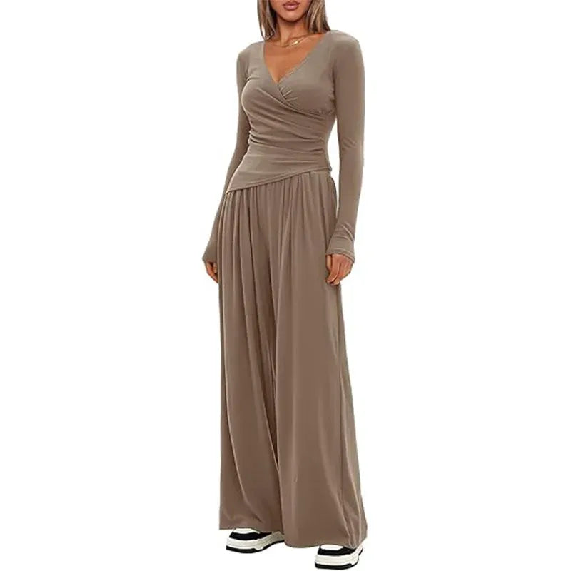 T-line wide leg pants set, women's long sleeves top  (5 - 10  work days free delivery)