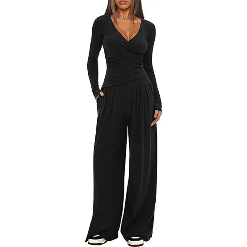 T-line wide leg pants set, women's long sleeves top  (5 - 10  work days free delivery)
